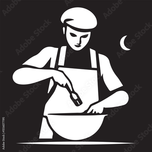 
A monochromatic vector shows a chef mixing ingredients in a bowl, with a crescent moon in the background, suggesting nighttime cooking.