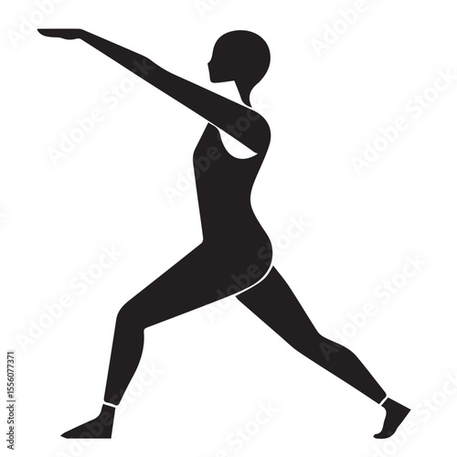 A black silhouette of a person in a yoga warrior pose, stretching their arms and legs.