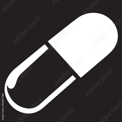 
A stark black and white vector image of a single capsule-shaped pill, half black and half white, on a dark background.