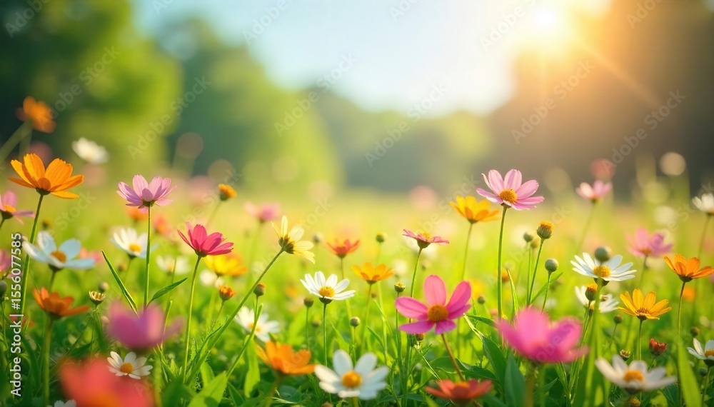 A vibrant, sun-drenched field of wildflowers swaying gently in the breeze, creating a naturally cheerful and idyllic scene Perfect for themes of joy, nature, and springtime , texture, outdoor A vibrant, sun-drenched field of wildflowers swaying gently in the breeze, creating a naturally cheerful and idyllic scene Perfect for themes of joy, nature, and springtime , texture, outdoor