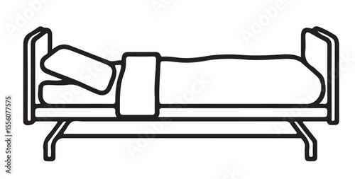 A simple line art vector illustration of a hospital bed with a pillow and blanket, often used to symbolize healthcare or recovery.