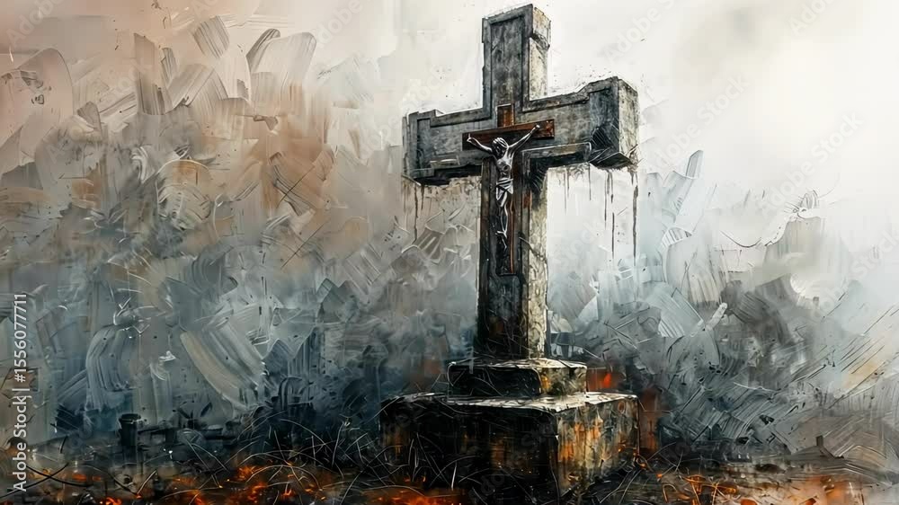Abstract painting animation of weathered stone cross with crucifix featuring bold brushstrokes and dramatic atmosphere. concept of spiritual symbolism, artistic expression, somber mood