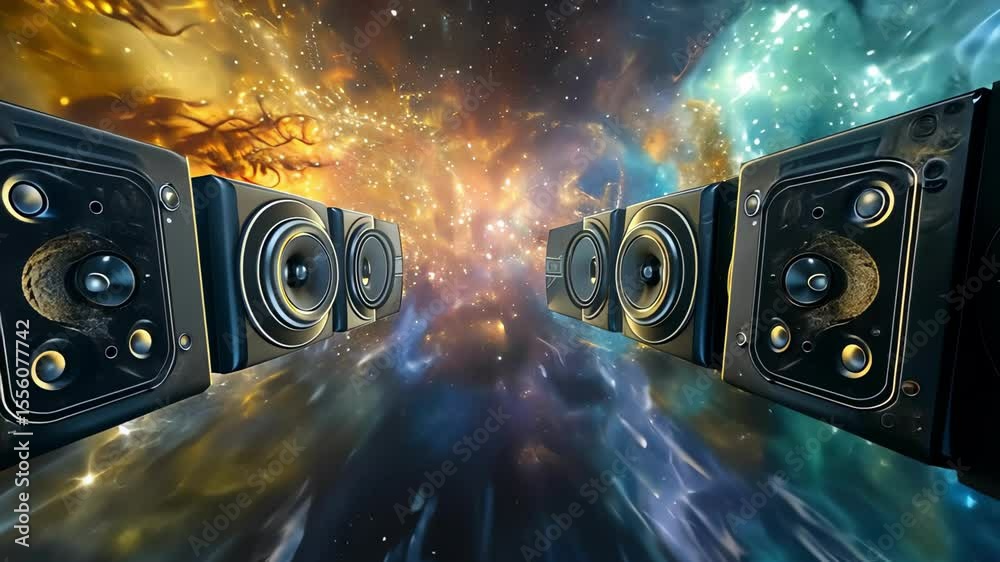 Surreal cosmic soundscape with floating speakers in outer space illustration. concept of music in the universe, dreamy audio art, futuristic vibes