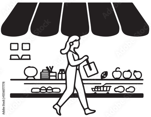 
A simple vector illustration showing a woman walking past a storefront with a striped awning, carrying a shopping bag, and various items displayed on shelves.