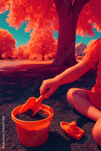 Child Playing in Sand Under Tree Shade