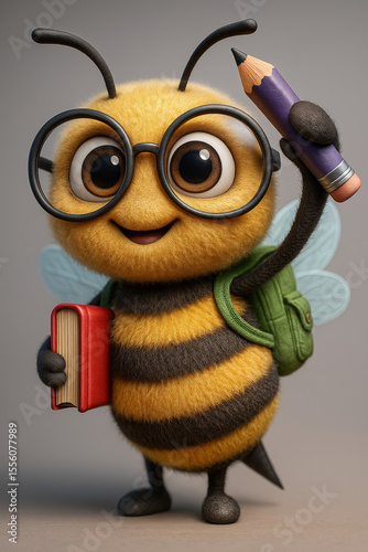 Adorable Bee Cartoon Character with Glasses and School Supplies A Charming Illustration of a Student Bee Ready for Learning