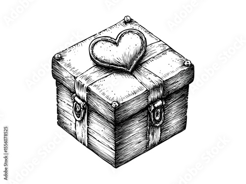 Romantic Valentine ring box design, vintage black line style, hand-drawn love icon, trendy February decor, elegant holiday engraving, antique style gift, sentimental jewelry packaging