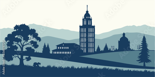 Visalia skyline silhouette featuring Sierra Nevada foothills, farmland elements, and civic architecture — ideal for California agricultural towns and Sequoia gateway artwork.