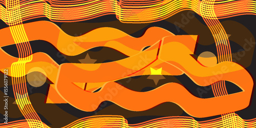  orange and yellow lines on a dark background,Abstract digital artwork with wavy featuring geometric shapes like stars and circles.