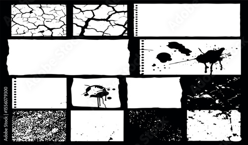 Collection of black and white graphic elements featuring cracked textures ink splatters torn paper edges and distressed grunge overlays on a black background