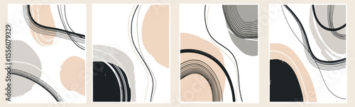 Abstract contemporary art composition featuring organic shapes and flowing lines in a neutral color palette of beige black and grey