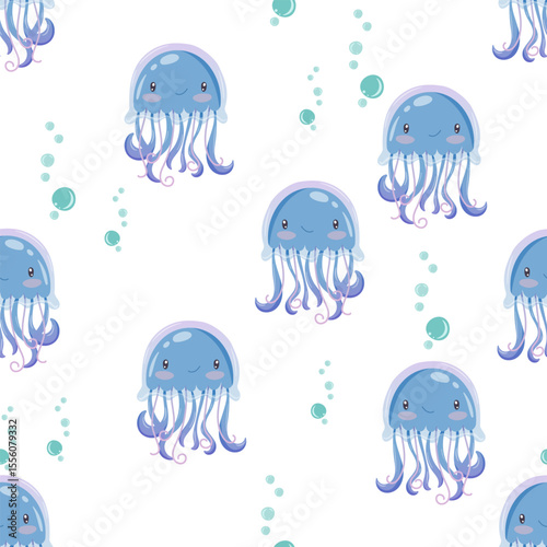Vector seamless pattern with cute blue jellyfish and floating bubbles. Ideal for childrens textile, swimwear and ocean themed designs