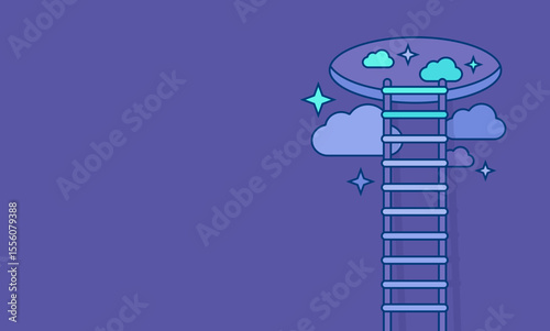 Climbing to the Stars, Cloud Data, A Ladder Against the Wall as a Symbol of Business Growth and Success, Minimalistic Design Concept