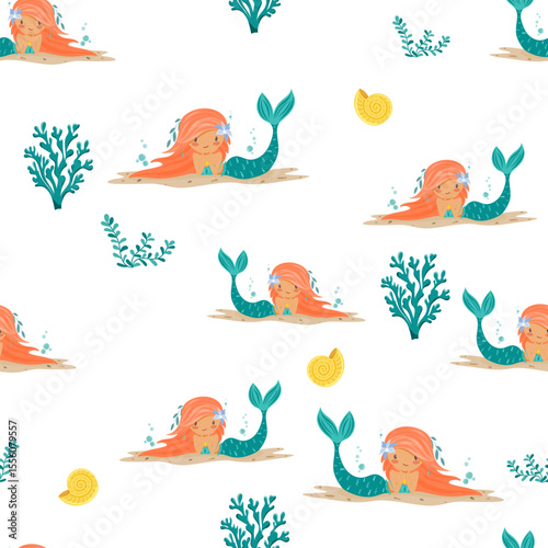 Vector seamless pattern featuring cute mermaids on sand with sea shells and corals. Suitable for childrens textile, swimwear and ocean themed design