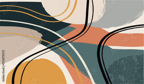 Abstract mid century modern art with organic shapes and curved lines in earthy tones of ochre teal and coral