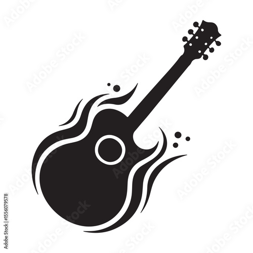 Black acoustic guitar with stylized flames music instrument