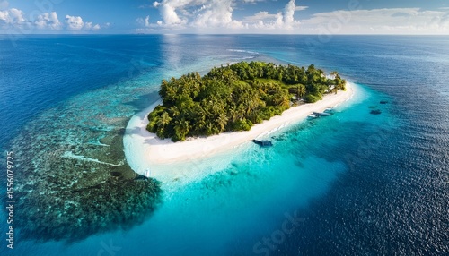 aerial drone shot of tropical island with turquoise waters white sand beaches and coral reef