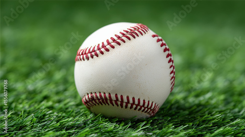 Baseball rests on green grass after being hit during a game at a sunny afternoon in a local park