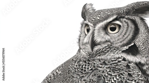 Detailed grayscale close-up of an owl's head and shoulders