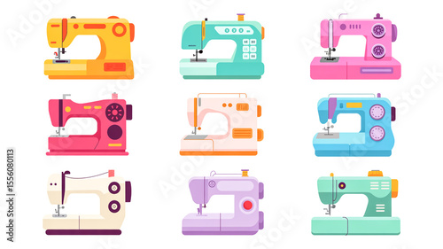 A set of 9 colorful sewing machines arranged in a 3x3 grid against a white background.