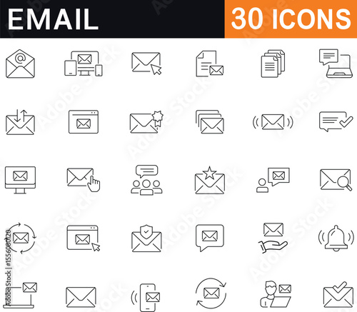 Email icons set. Set of 30 outline icons including mail, message, inbox, communication, marketing, newsletter, send, and contact. Editable stroke. outline icons.  