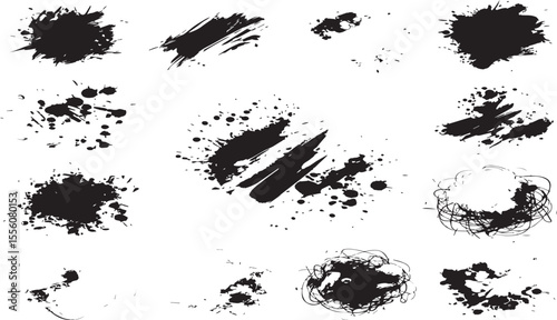 Collection of diverse black ink splatters and grunge brush stroke textures isolated on a clean white background for graphic design elements