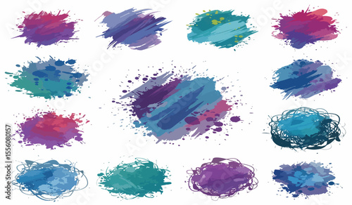 A collection of twelve vibrant watercolor splatter paint brush strokes and ink blots in various colors and styles on a white background