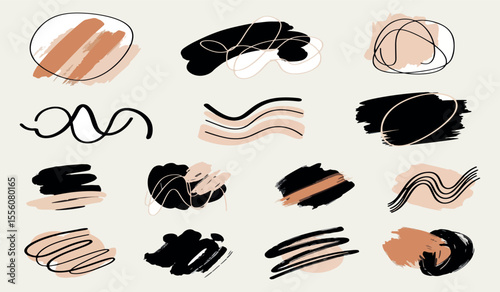 A collection of abstract minimalist shapes and brush strokes in black and terracotta on a neutral background