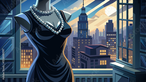 A sleek, form-fitting black dress with a scoop neckline and smooth satin texture hangs delicately on a vintage mannequin. The soft lighting highlights every gentle curve of the fabric. A pearl necklac
