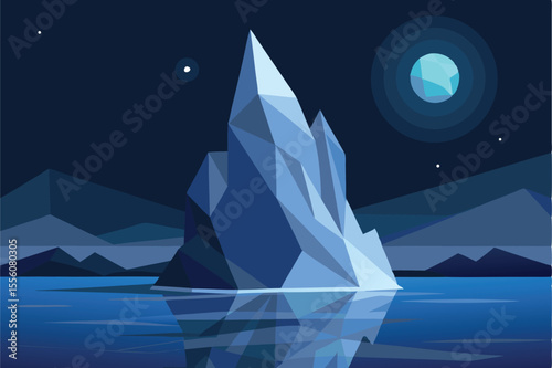 Low Poly Iceberg in Ocean Under Moonlight Vector Illustration for Night Scene Design