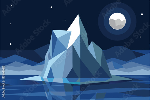 Low Poly Iceberg in Ocean Under Moonlight Vector Illustration for Night Scene Design