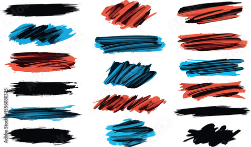 Collection of abstract brush stroke elements in black red and blue colors on a white background for graphic design
