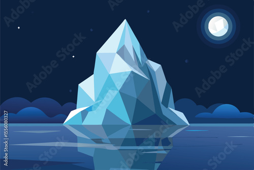 Low Poly Iceberg Vector Illustration with Moonlight Ocean Night Scene Design
