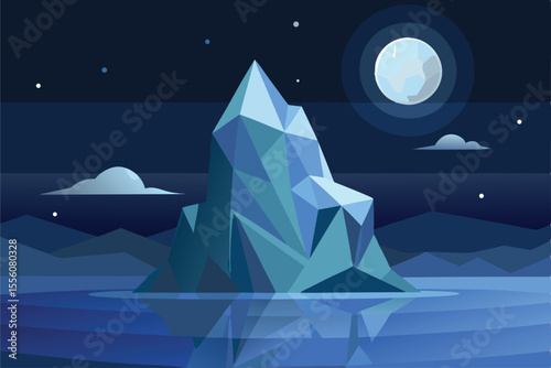 Low Poly Iceberg Vector Illustration with Moonlight Ocean Night Scene Design
