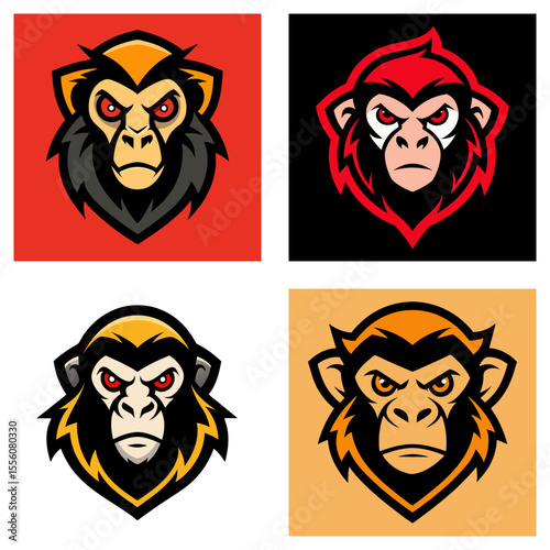 Illustration featuring four monkey head designs with varying color schemes and expressions