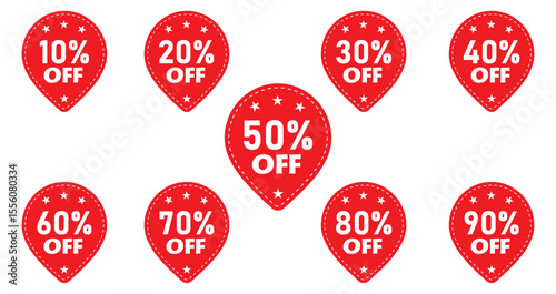 10%, 20%, 30%, 40%, 50%, 60%, 70%, 80%, 90%, Discount. Red sticker tag set discounted 10-90 percent. vector on the white background.