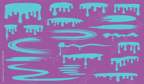 Collection of abstract light blue paint drips and brush strokes scattered across a vibrant purple background creating a playful and artistic design