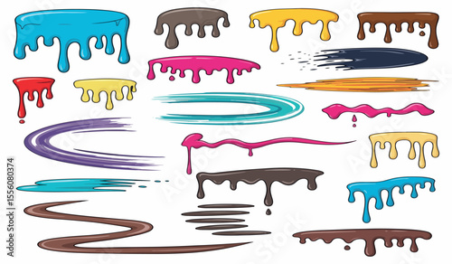 Collection of colorful dripping liquids and paint strokes in a cartoon style perfect for design elements