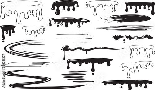 Collection of hand drawn black and white ink splatters drips and brush strokes representing liquid flow and abstract artistic elements