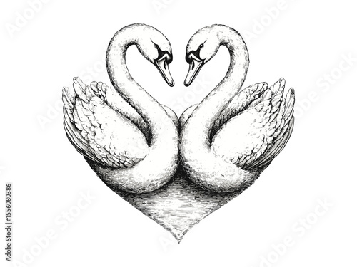 Romantic swan couple engraving, vintage lovebirds in black line sketch, heart holiday decor, old engraving style, graceful love motif, trendy seasonal illustration, elegant Valentine card art,