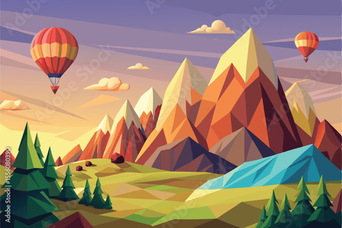 Low Poly Mountain Landscape with Hot Air Balloons Vector Illustration for Scenic