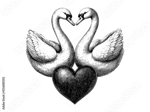Valentine swan couple engraving, vintage heart holiday decor, romantic lovebirds black line sketch, old engraving style, graceful love motif, seasonal wedding invitation design, anniversary art,