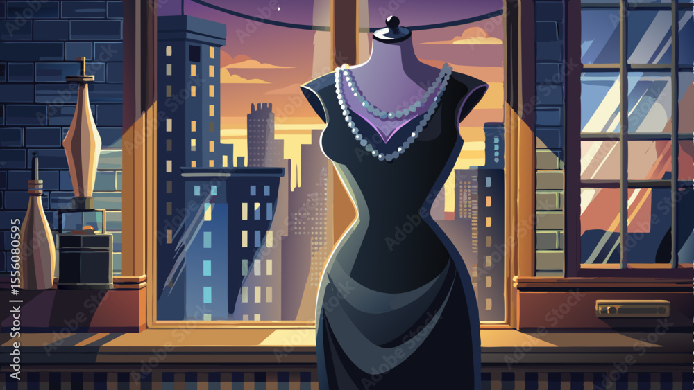 A sleek, form-fitting black dress with a scoop neckline and smooth satin texture hangs delicately on a vintage mannequin. The soft lighting highlights every gentle curve of the fabric. A pearl necklac