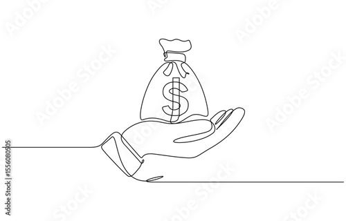 Continuous one line drawing of hand holding money bag. Money storage and investment single Line art. Vector illustration finance concept line art, outline silhouette.