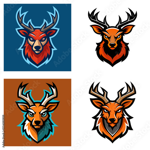 Four square images showcasing stylized wolf heads with different color schemes and background tones