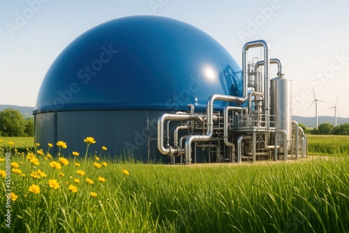 Bio gas plant exterior with blue dome reactor, metal pipes, and wild grass in renewable energy field

