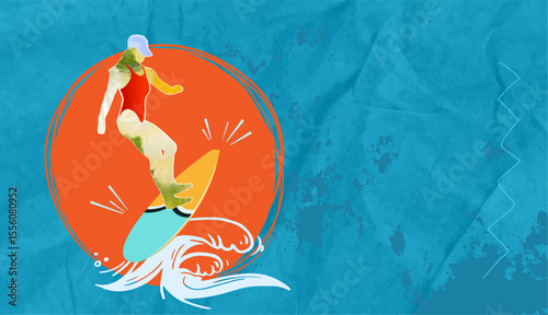 Trendy halftone pop art collage happy positive cheerful girl swimming jumping on surfboard tropical resort ocean waves. Vector illustration