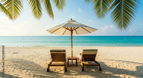 Tropical beach with two lounge chairs and a sun umbrella, palm leaves framing the scene. Perfect for vacation, resort, or summer relaxation themes.