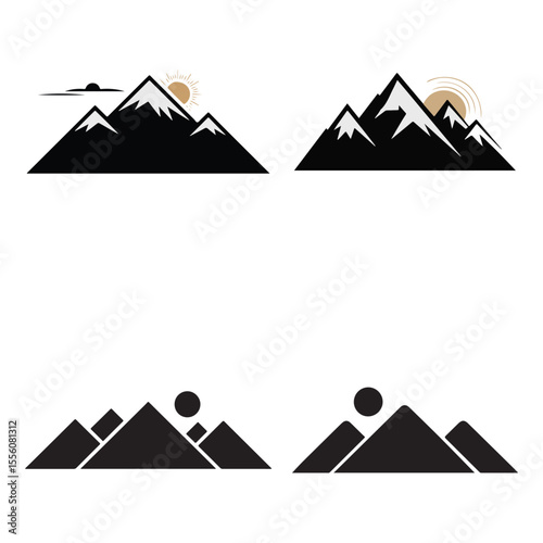 Four stylized mountain range illustrations with sun and clouds