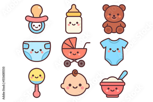 Cute Kawaii Baby Icons and Elements Set. Perfect for baby shower invitations, nursery decor, children's clothing designs and materials for toddlers. 